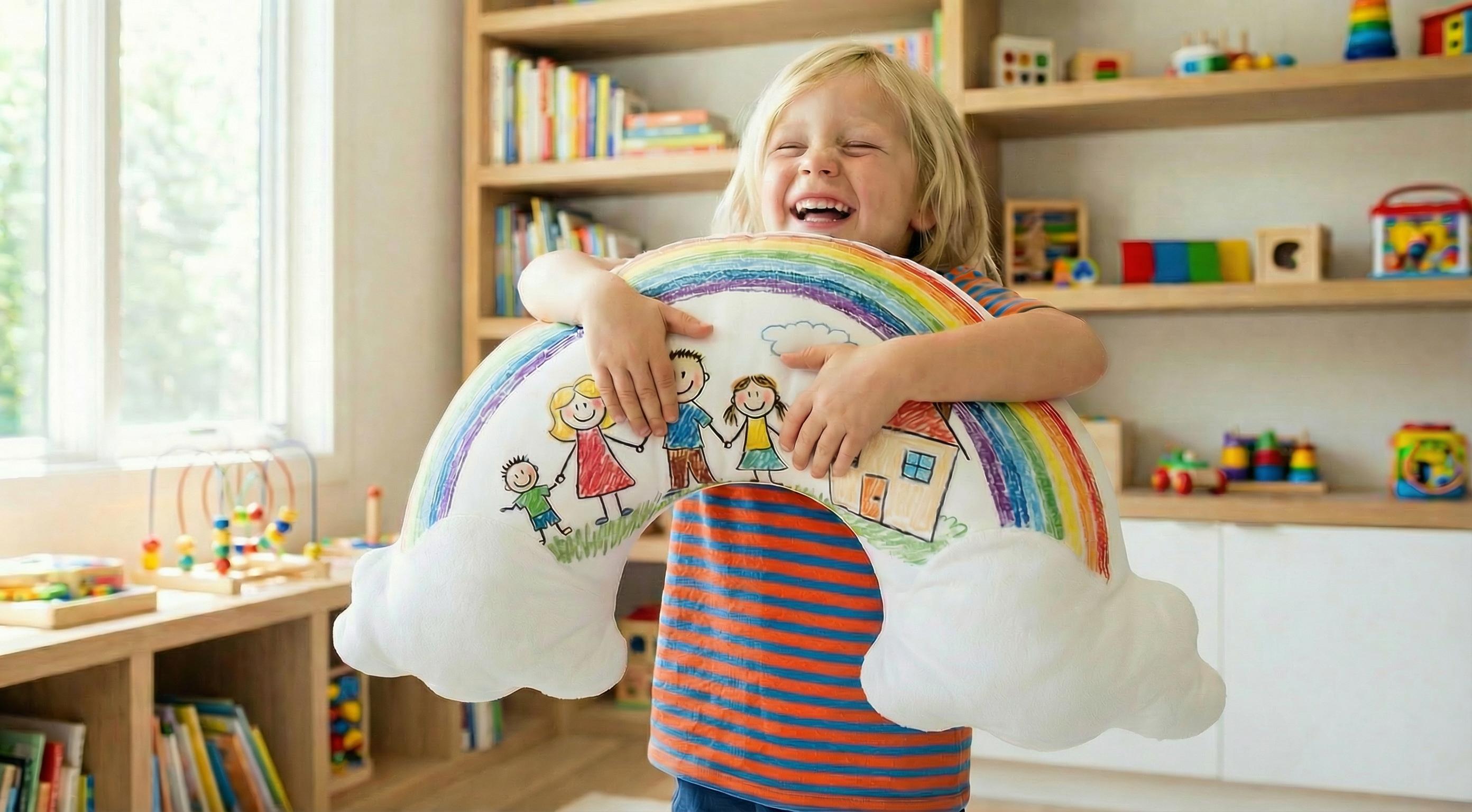 Step 3: Hug your custom shaped Draw Pillow made from your child's artwork — Draw Pillows custom shaped pillow made from kids artwork