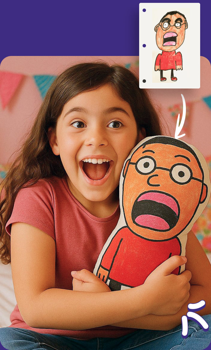 Before and after — child's drawing transformed into a custom shaped Draw Pillow — personalized kids artwork pillow gift
