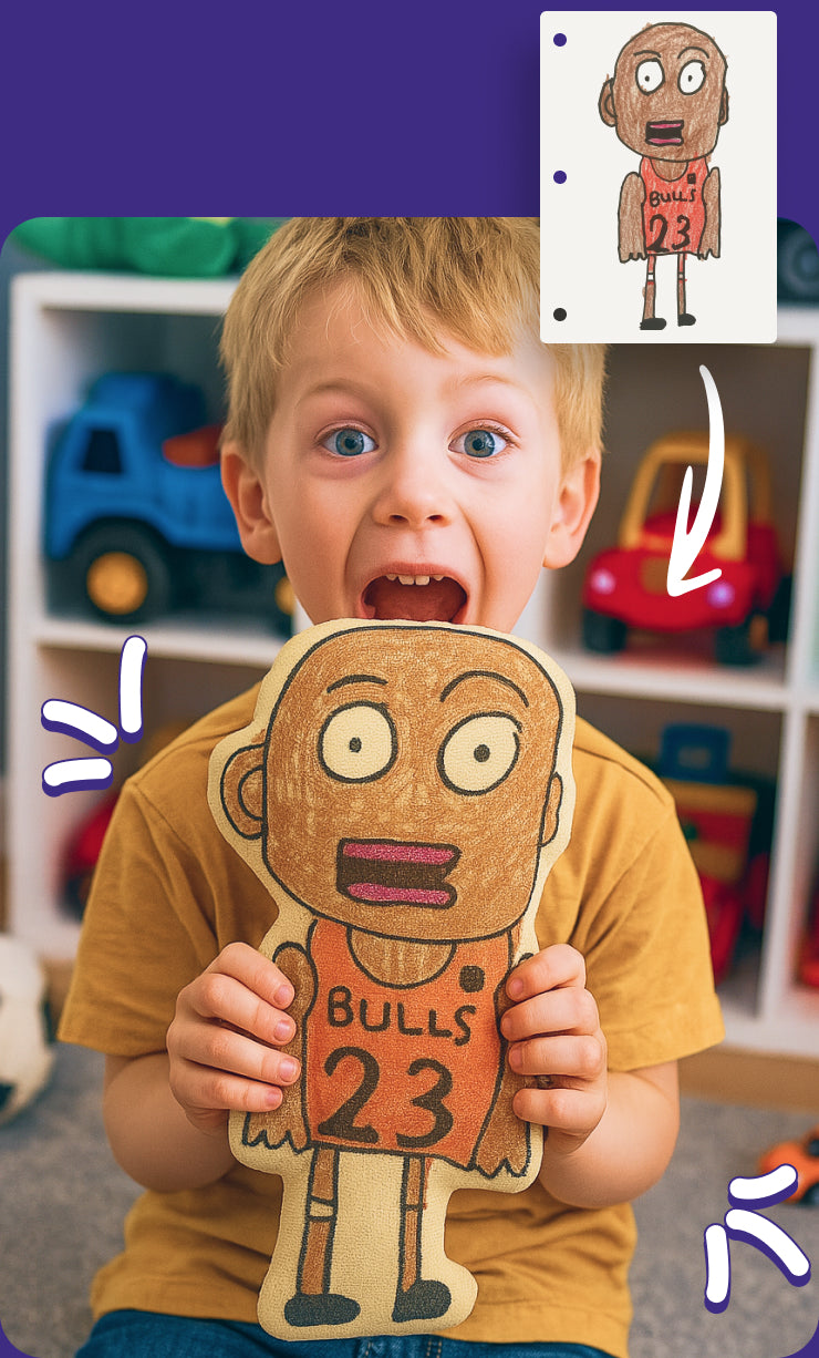 Kids artwork turned into a custom shaped Draw Pillow — unique personalized gift for children made from their drawings
