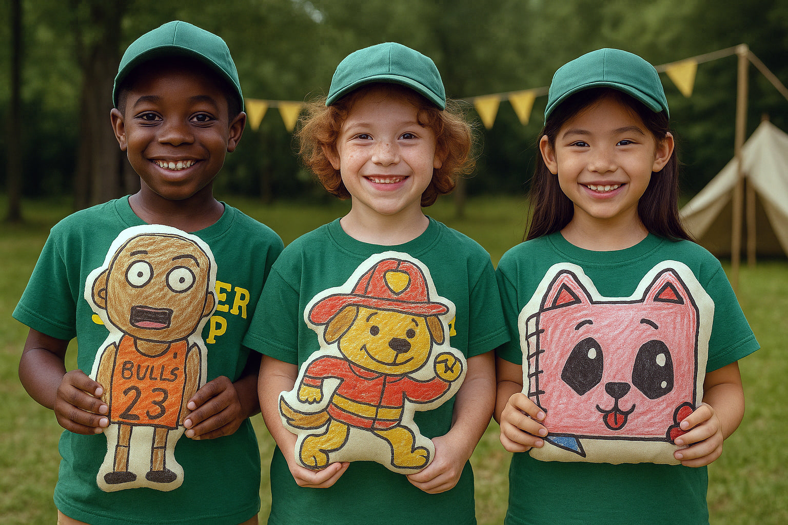Summer camp kids showing off their custom shaped Draw Pillows — Draw Pillows custom shaped pillow made from kids artwork