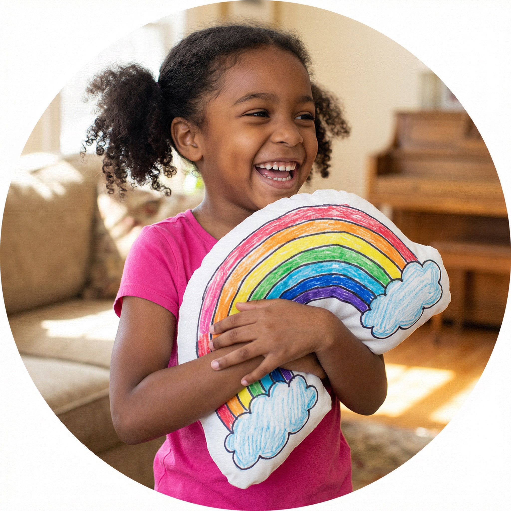 Happy child with their custom shaped Draw Pillow made from their own artwork — Draw Pillows custom shaped pillow made from kids artwork