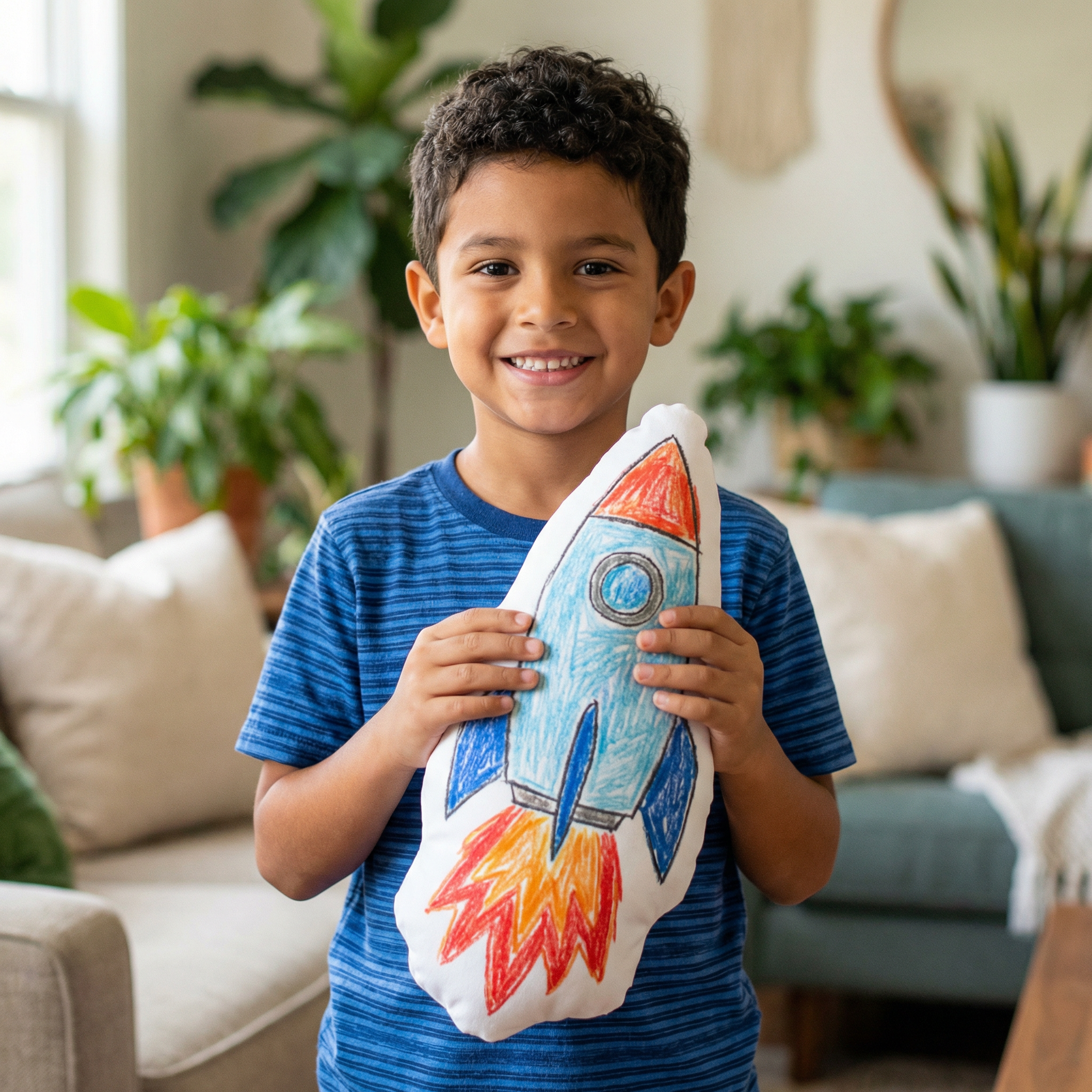 Child holding custom shaped Draw Pillow — personalized gift made from kids drawings, handcrafted in the USA
