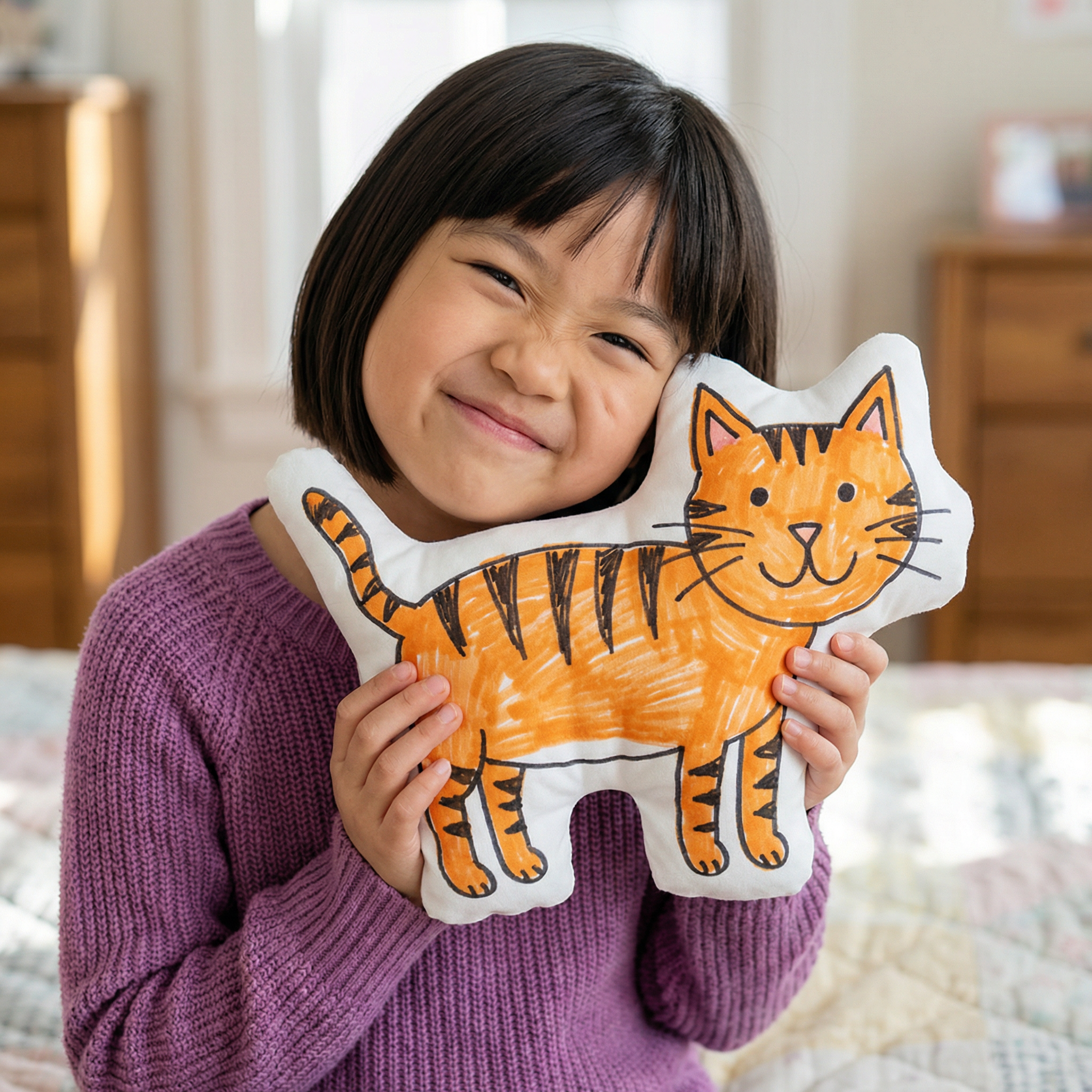 Custom shaped Draw Pillow made from a child's drawing — unique personalized kids gift handcrafted in the USA