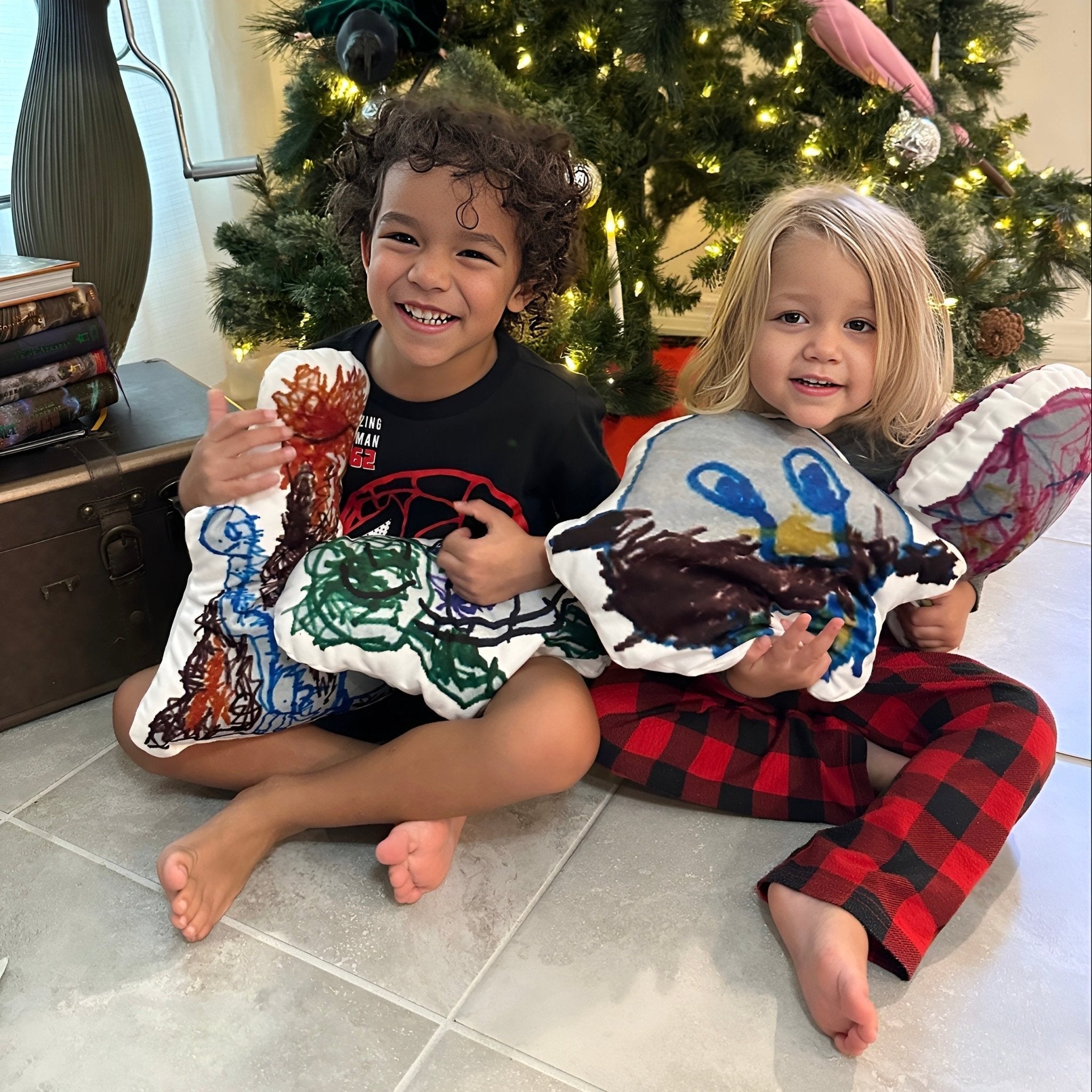 Custom shaped Draw Pillows as home decor in a kids room — personalized art pillows made from children's drawings