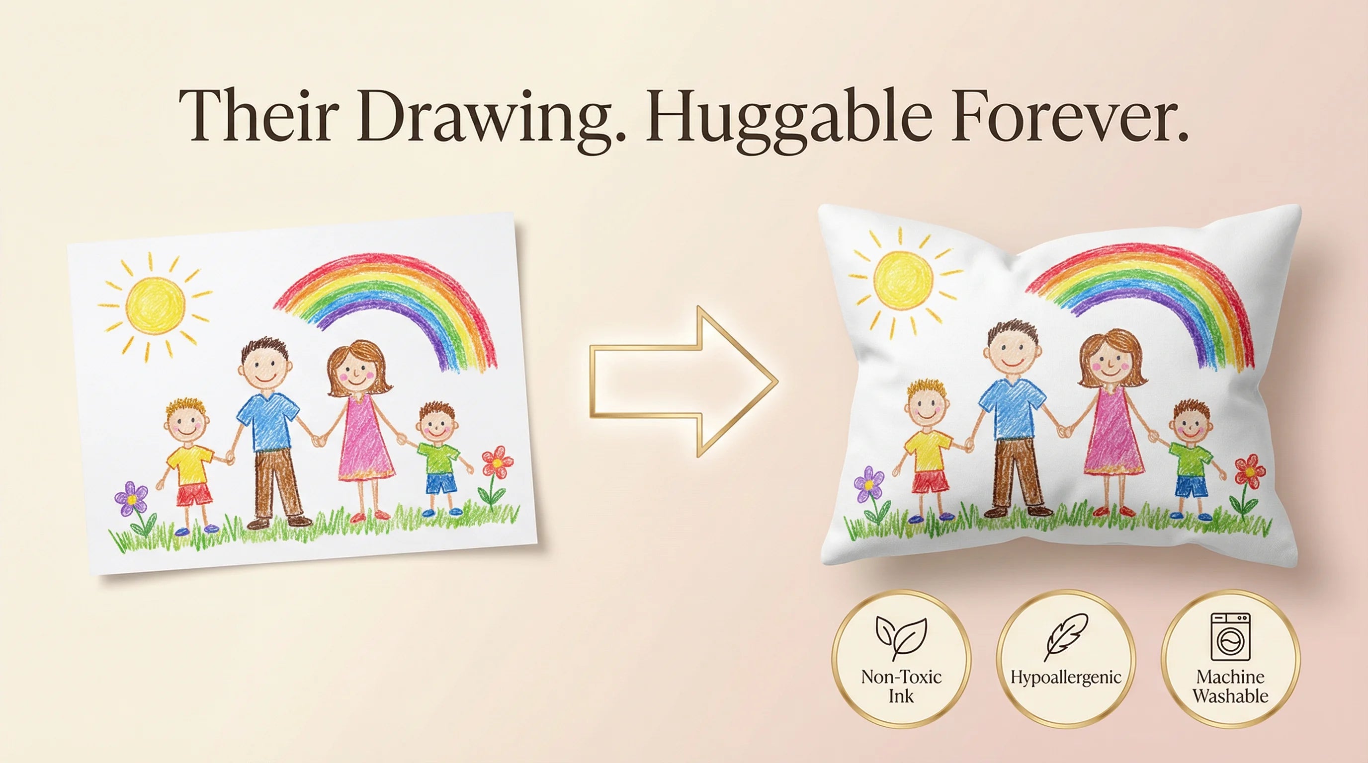 Child's drawing transformed into a huggable shaped pillow